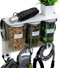Dog Treat Holder For Wall Storage For Pets, Premium Pet Wall Organizer, Includes Three 32oz Airtight Dog Treat Jars, 3 Sets of Triple Hooks, Sturdy Shelf in Designer White