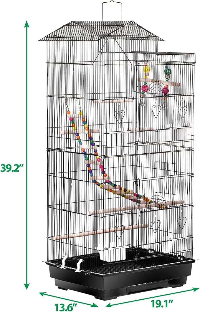 39-Inch Roof Top Bird Cage Large Flight Parrot Cage w/Toys for Small Quaker Cockatiel Sun Conure Parakeet Finch Green Cheek Conure Budgie Lovebird