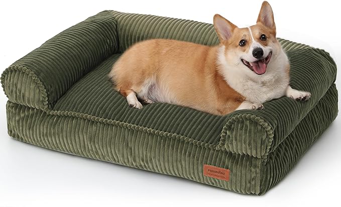 FUKUMARU Cute Dog Bed, Waterproof Corduroy Dogs Couch, 36in Orthopedic Pet Sofa for Medium to Large Dogs Dog, Warm Cotton Pet Bed with Washable Cover, Green