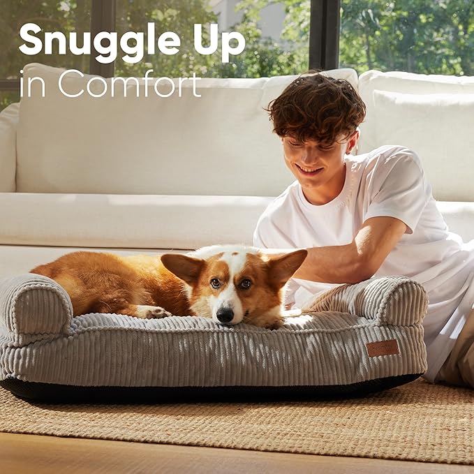 FUKUMARU Cute Dog Bed, Waterproof Corduroy Dogs Couch, 36in Orthopedic Pet Sofa for Medium to Large Dogs Dog, Warm Cotton Pet Bed with Washable Cover, Grey