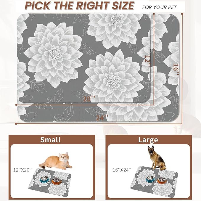Dahlia Dog Cat Food Mat,Gray White Flowers Absorbent Pet Feeding Mat with Rubber Backing,Non-Slip Water Bowl Placemat,Indoor Pet Accessories Supplies 16"x24"