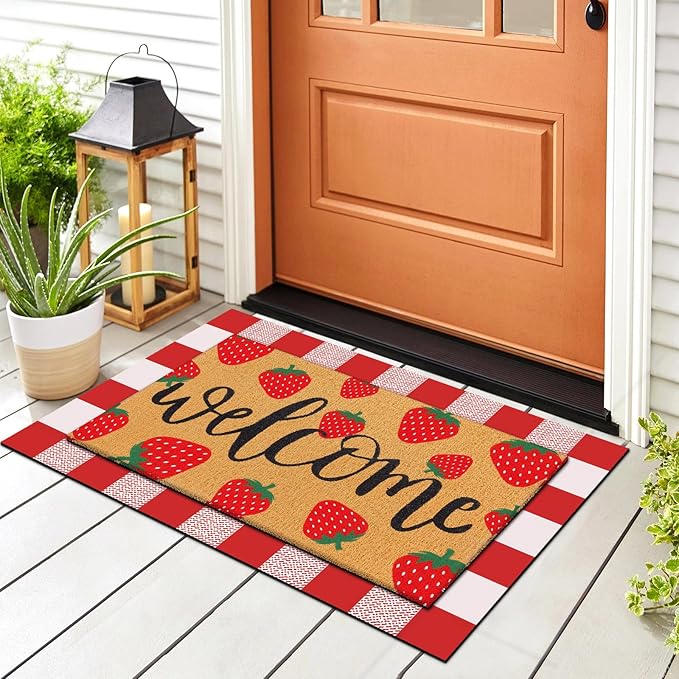 Tinideya 2 Pcs Strawberry Door Mat Fruit Pattern Design Welcome Non Slip Coir Mats Red and White Plaid Floor Layering Doormats Seasonal for Front Porch Entryway Decor(Strawberry)