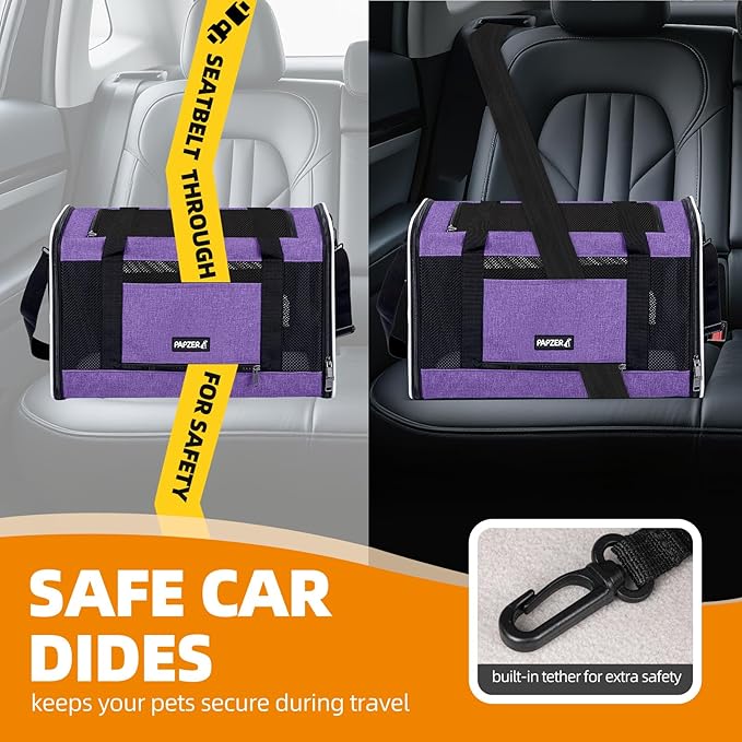Cat Carrier Soft-Sided Travel Bag for Medium to Large Cats Over 15lbs, Small Dog Carrier Crate Top Entry Breathable Mesh Puppy 12 Pounds, Pet Rabbit Carrying Cage Kennel Collapsible Purple