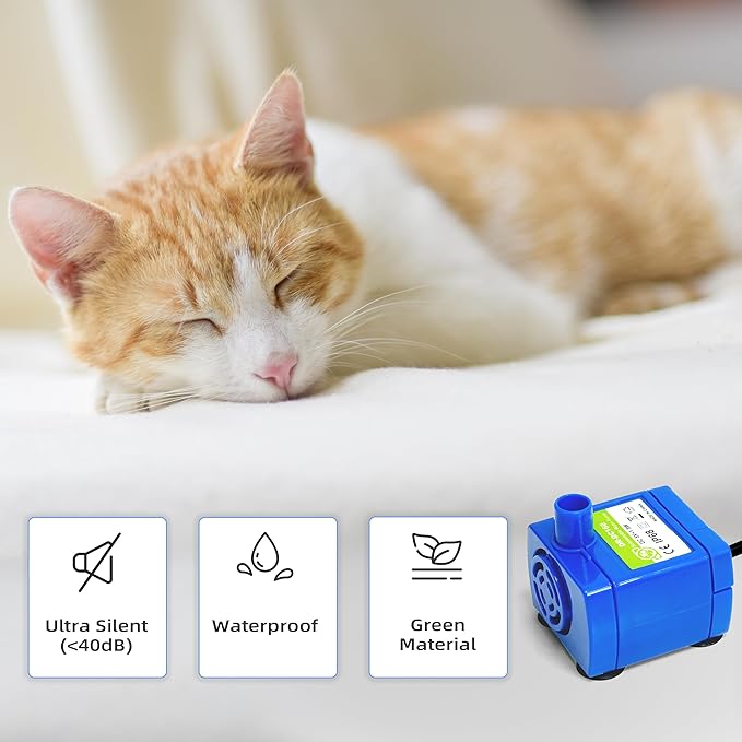 IP68 DR-DC160 Submersible Water Pump Cat Water Fountain Pump for Tritone Ceramic, Stainless Steel, Round Flower Cap Cat Fountains, Automatic Pet Water Dispenser Replacement Pump (No LED & with Brush)