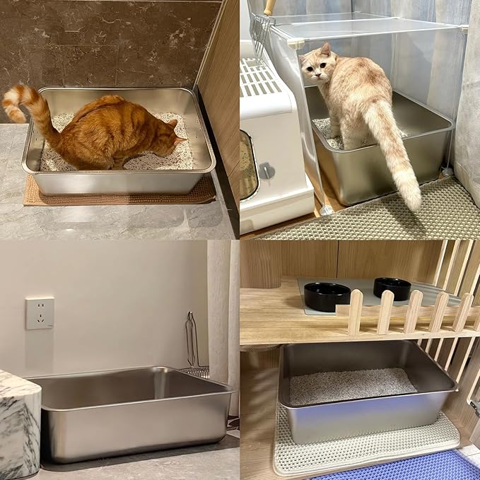 Stainless Steel Cat Litter Box, Metal High Sided Kitty Large Litter Box Pan,Non-Sticky, Easy to Clean, Pet Toilet Supplies for Kitten, Rabbit (Silver, 17.7" x13.8" x6")