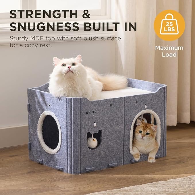 Joydeco Cat House for Indoor Cats, Extra Wide Scratch Resistant Felt Cat Condo, Hideaway Pet Cave Bed with Fluffy Ball and Tunnel for Kitten, Small Dogs, Rabbits, 22.4 x 13.7 x 14.9, Grey