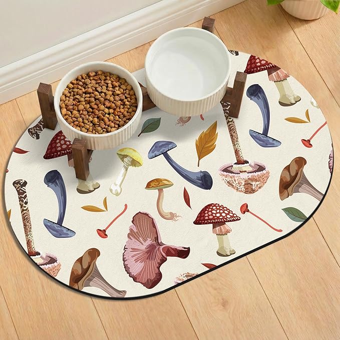24''x16'' Absorbent Dog Food Mat, No Stains Quick Dry Pet Water Mat Protect Floor, Cat Dog Water Bowl Mat for Messy Drinkers, Non-Slip Rubber Base Pet Placemats for Food and Water, Mushroom