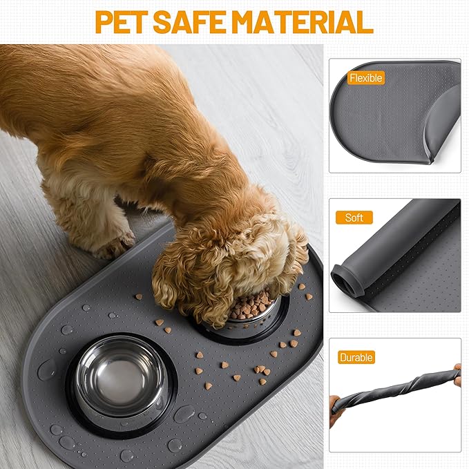 Hubulk 100% Waterproof Silicone Pet Feeding Mat with Raised Edge for Food and Water, Dog Bowl Mats, Cat Bowls Placemat with High Lip Protects Floor for Cats and Dogs (Gray, 24" L x 16" W)