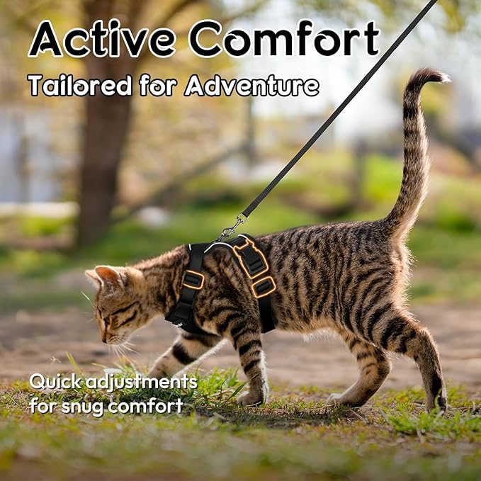 Dooradar Cat Harness and Leash Set, Escape Proof Safe Adjustable Kitten Vest Harnesses for Walking, Easy Control Soft Breathable Mesh Jacket with Reflective Strips for Cats, Black, XXS
