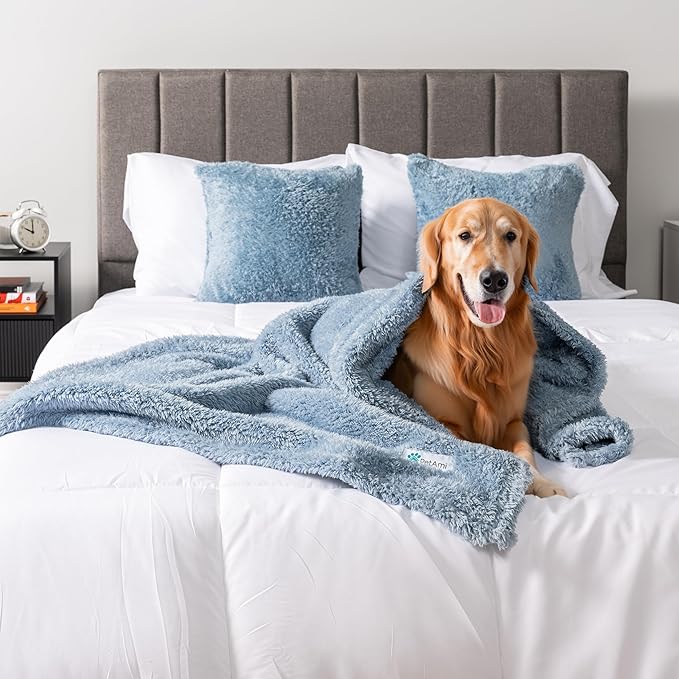 PetAmi Fluffy Soft Dog & Cat Blanket, Blue Sherpa Fleece, Calming Pet Blanket Throw for Bed & Sofa, X-Large 60x80
