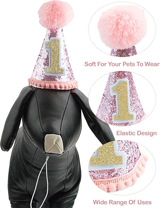 PET SHOW Small Dog Birthday Party Hat for Pets 1-Year-Old Birthday Party Cat Kitten Headband Hats Grooming Accessories Pink Set