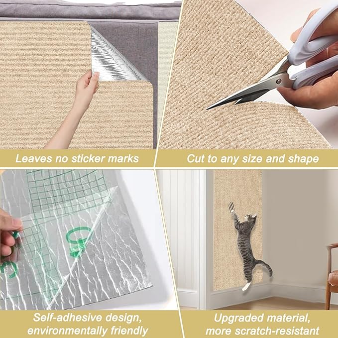 Cat Scratch Mat,118.5"x15.9" Trimmable Self-Adhesive Cats Scratch Carpet,Couch Protector from Cats Claw, Cat Scratch Furniture Protector, Indoor Furniture Protection for Chair, Wall, Sofa (Beige)