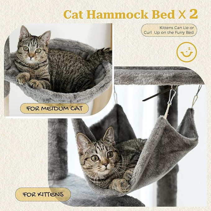 PETEPELA Floor to Ceiling Cat Tree, 92.9''-101.6''Height Adjustable Cat Tower Tall Cat Climbing Play House, Cozy Condo, Scratching Post and Spacious Hammock for Indoor Cats Large Adult, Gray