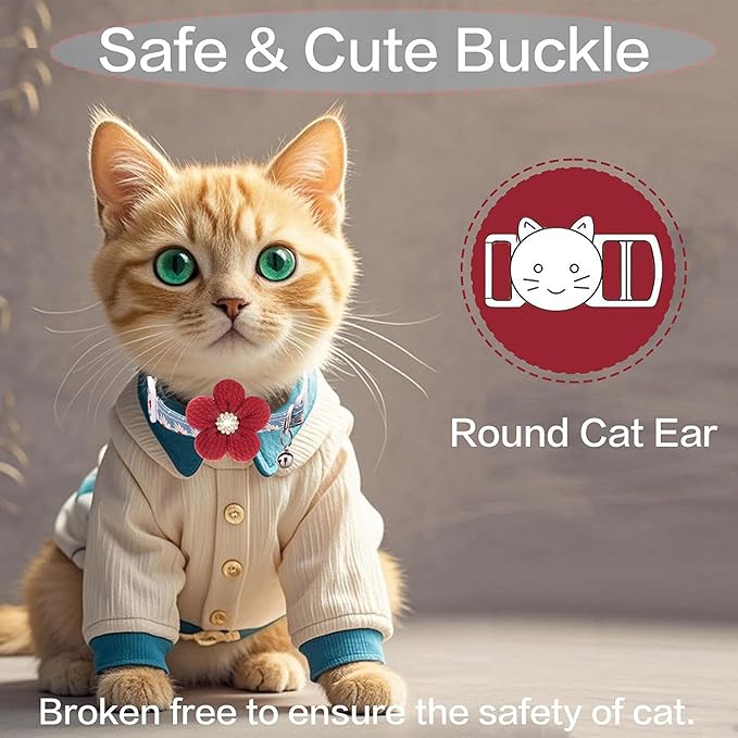 Cat Collar Breakaway, HYQHYX Kitten Collar with Bells, Rhinestone Kitty Collar with Flower for Female Male Cats and Puppy Dog