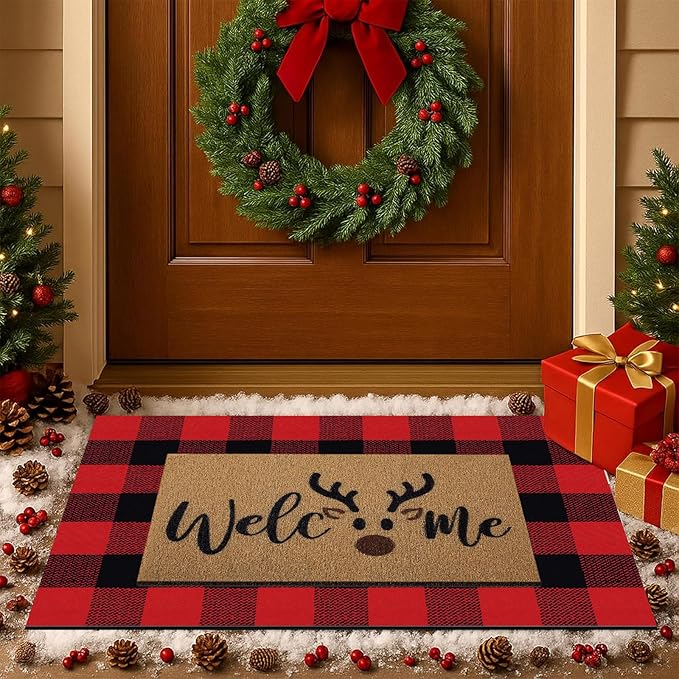 Tinideya 2 Pcs Door Mat Welcome Non Slip Coir Mats Floor Layering Doormats Seasonal for Front Porch Entryway Decor(Brown Elk)