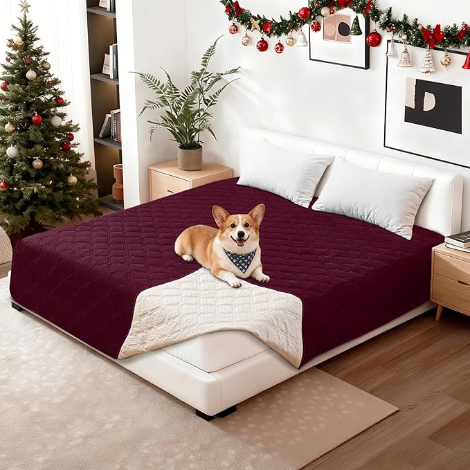 Waterproof Dog Bed Cover, Non-Slip Dog Blanket for Couch, Couch Covers for Dogs Washable, Pet Blanket for Furniture, Pet Bed Mat for Sofa, Car, Pet Supplies Christmas (82x82 Inch, Burgundy)