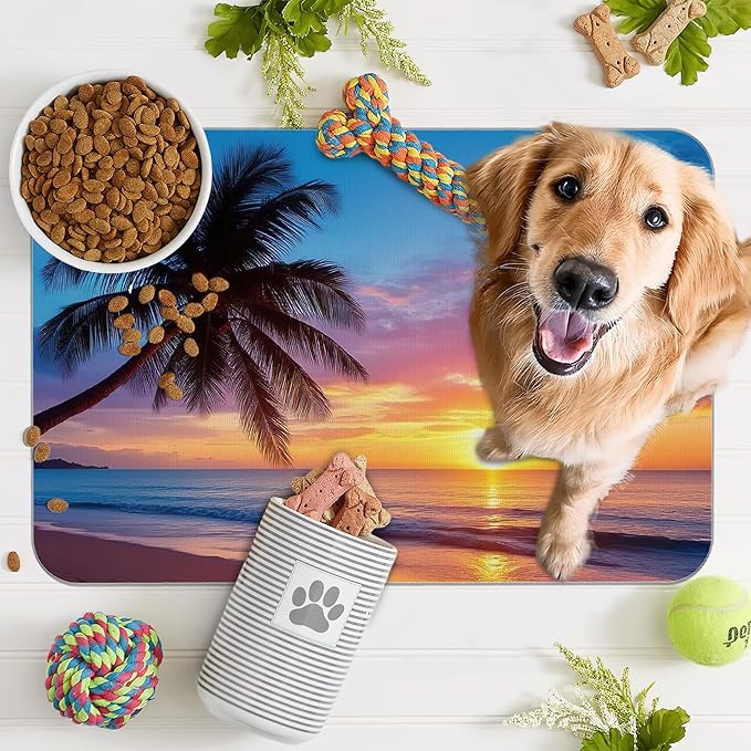 Tropical Palm Pet Feeding Mat,Sunset Trees Sea Beach Absorbent Quick-Dry Cat Dog Food and Water Bowl Mats, Non-Slip Rubber Backing Mat, Cat Dog Accessories Supplies 12"x20"