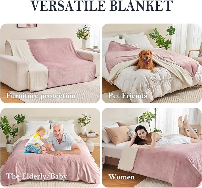 Waterproof Blanket 80"x90" for Adults, Reversible Waterproof Bed Cover for Dogs Cats Pets, Soft Leakproof Blanket for Bed Couch Sofa Furniture Protector, Dusty Pink/Off White
