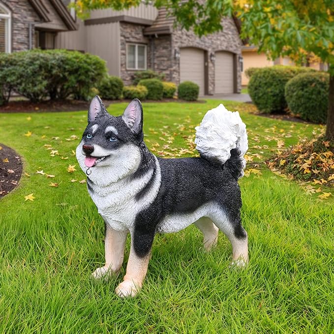 Akita Statue Outdoor Decorations – Outdoor Dog Statue Standing Black Akita with Removable Solar Light & Welcome Sign for Patio Décor