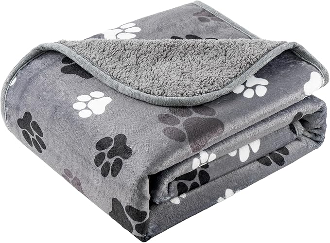 Waterproof Dog Blankets Pet Blanket 60"x80", Soft Fluffy Sofa Car Bed Protector, Reversible Sherpa Fleece Dog Blanket for Large Dogs (Dark Grey-Paws)