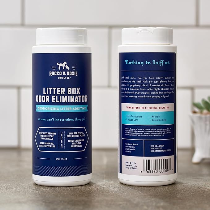 Rocco & Roxie Litter Box Odor Eliminator, Best Natural Urine Deodorizer for Cat Litter Boxes Cats Smell Control, Odor Absorber, Safe for Kitty, 12 oz pack of 2