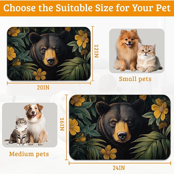 Brown Bear Dog Food Mat,Forest Absorbent Pet Feeding Mat for Food and Water Bowl,Quick Dry Dog Placemat Non Slip Rubber Backing Waterproof Pet Supplies 16" x 24"