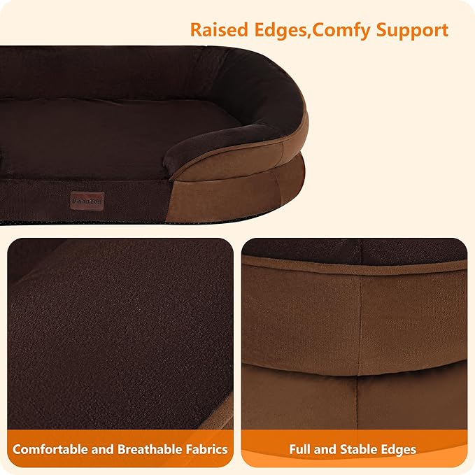 Dwanton Orthopedic Dog Bed for Extra Large Dogs with Gel Memory Foam, Waterproof Dog Sofa, Washable Pet Bed with Four Sided Bolster Cushion, Removable Cover & Non-Slip Bottom, 45", Brown