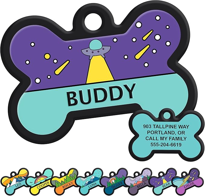 GoTags Silent Dog Tag, Personalized Engraved Bone Silicone Dog and Cat Name Pet ID Tags, Soundless No More Jingling Dog Tags (Space UFO)