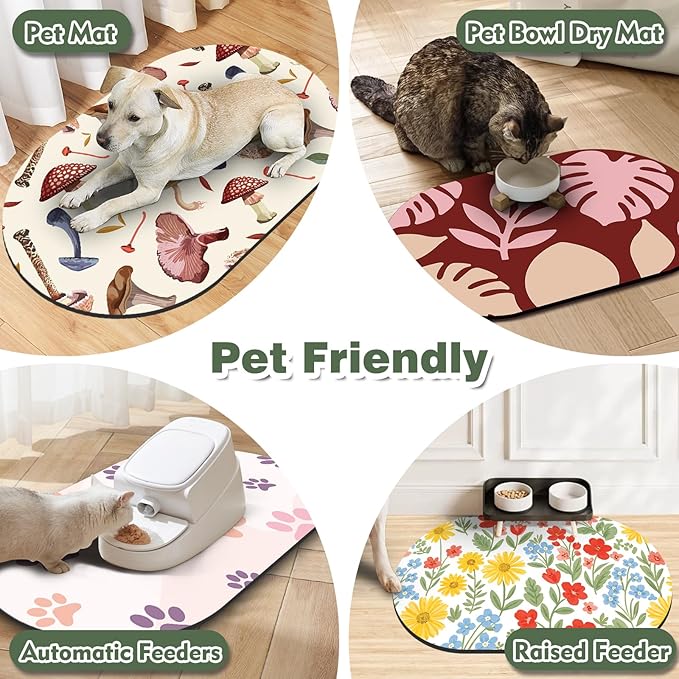 Absorbent Cat Mats for Food and Water 24''x16'', Non-Slip Rubber Mat for Cats Bowls, Easy Store Pet Food Placemat, Mats for Under Cats Food Bowls, Fit with Kitchen, Living Room, White Floral