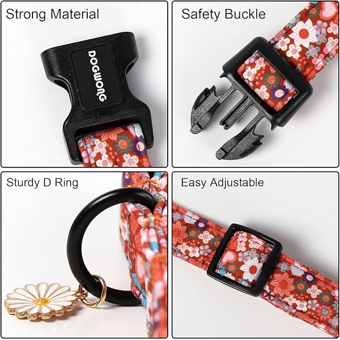 DOGWONG Red Flower Dog Collar, Cute Adjustable Floral Collar, Girl Female Dog Collar with Strong Plastic Buckle for Small Medium Large Dog.M