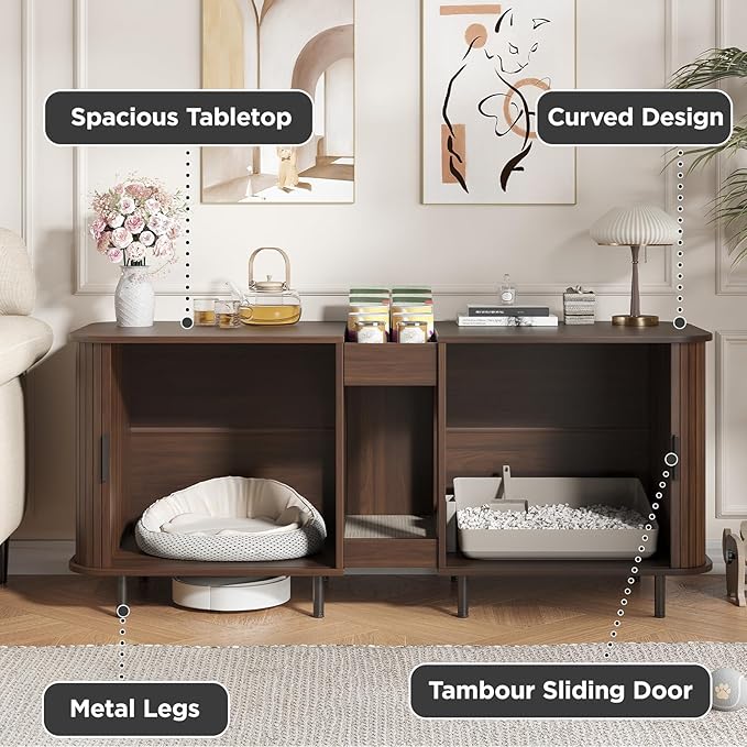 Double Litter Box Enclosure for 2 Cats, 55" Litter Box Furniture Hidden with Cat Scratch Pad, Large Indoor Cat House with Double Room, Wooden Litter Box Cabinet, TV Stand, Walnut