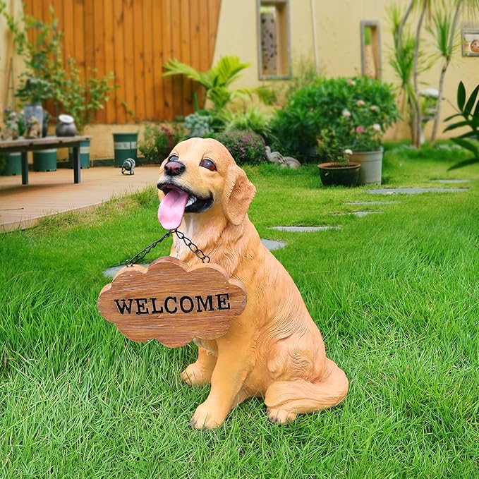 Golden Retriever Statue Outdoor Decorations – Dog Statues Outdoor Sitting Golden Retriever with Replaceable Solar Light & Welcome Sign for Lawn Décor