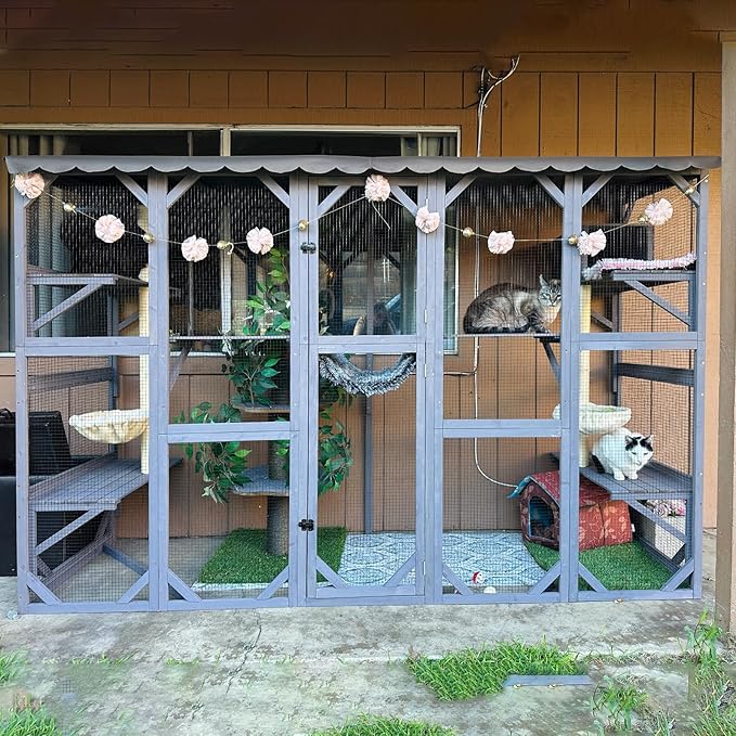 Aivituvin Catio Outdoor Cat Enclosure Window, Wall-Mounted Large Walk-in Cat Playpen with Scratch Posts, Basket, Platform, Bridge and Sleeping House— Safe, Weatherproof Cats Patio for Multiple Cats