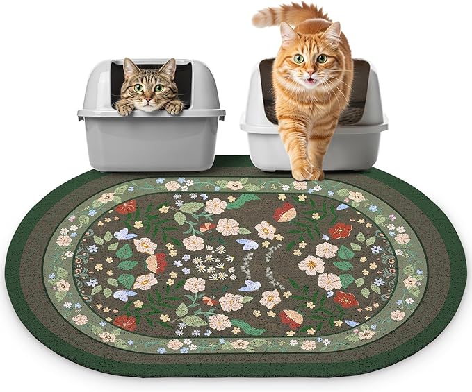 Bienbee Cat Litter Mat, 33" x 22" Large Size Litter Box Mat Rug with Non-Slip Bottom,Urine and Water Proof, Easy to Clean Cat Supplies Essentials for Indoor Kitty Kitten Floor,Green Flowers L