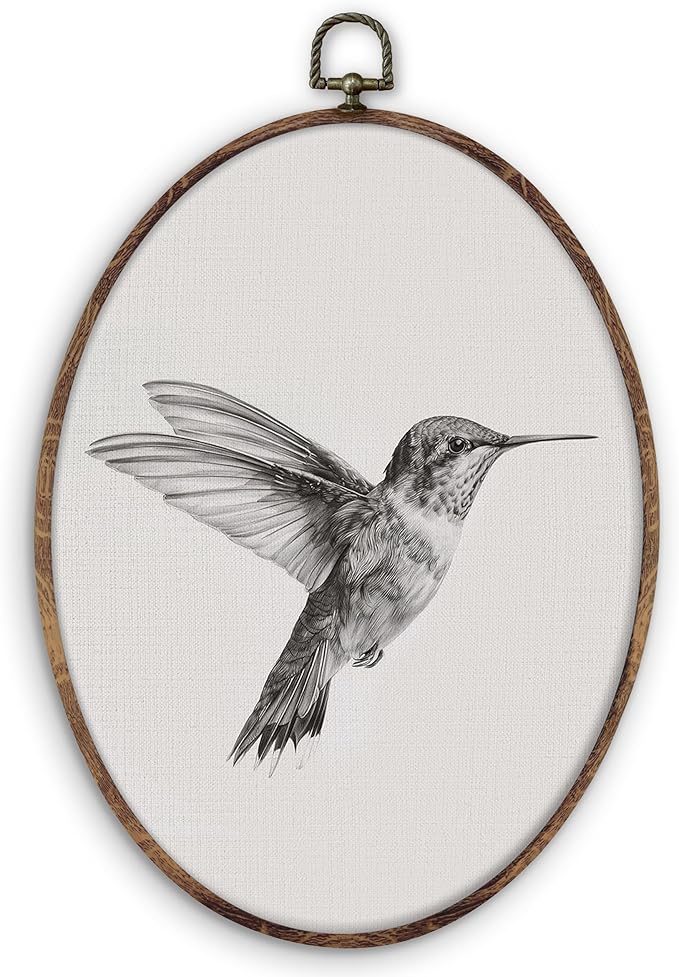 DILSJ Vintage Hummingbird Sketch Oval Wall Art Decor, Rustic Farmhouse Hummingbird Canvas Wall Art Framed, Neutral Bird Hanging Decorations for Home Living Room Bedroom, 11x8.5 Inch