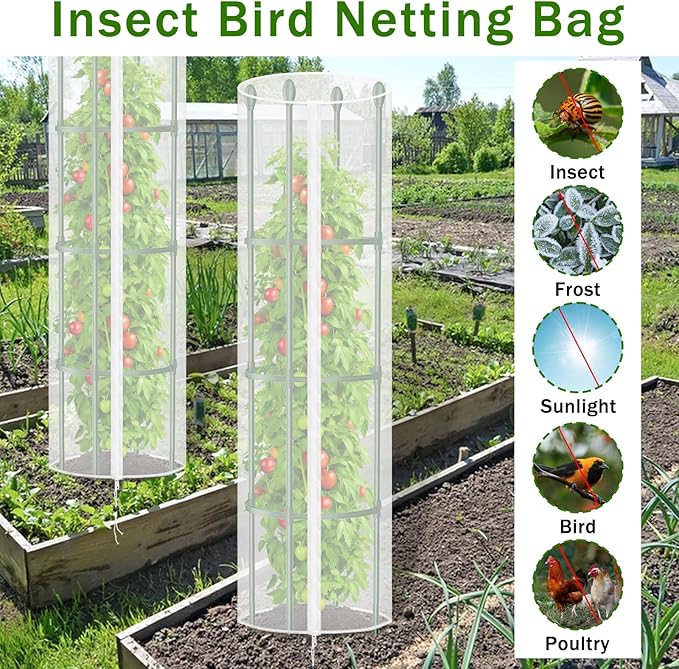 3 Pcs Round Tomato Cage Bird Netting Plant Cover, 59" x 15.7" Insect Bird Barrier Tomato Cage Protection Cover with Zipper & Drawstring for Protecting Tomatoes, Fruit, Trellis Plants