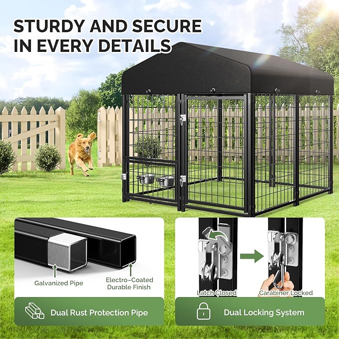 Sino Luban 2PCS Outdoor Dog Kennel Outside Run with Doggy Door, Swivel Feeder&Roof - 5x5x5FT Large Dog Kennels Pens Outside for Medium/Large Dogs - Heavy Duty Cage (Can Connect to Your Dog House)