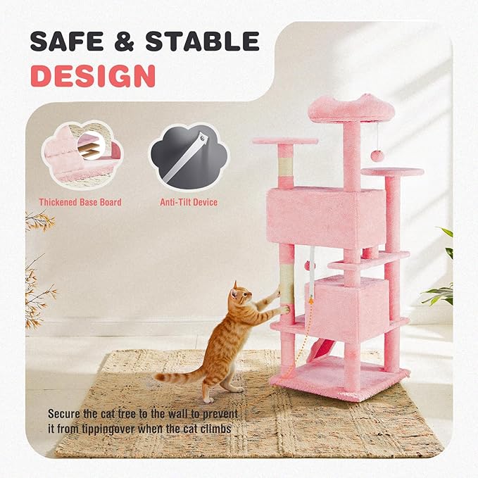 Cat Tree 54 Inch, Multi-Level Cat Tower with Condo, Perches, Sisal Scratching Posts and Climbing Ladder, Pet Play Toy Balls House for Indoor Cats, Pink