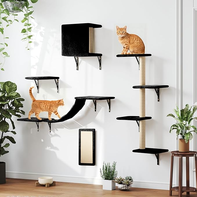 COZIWOW Wall Mounted Cat Furniture, Cat Wall Shelves and Perches, Floating Cat Shelves for Wall Set of 5 (Black)
