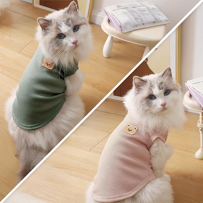 Waffle Knit Cat & Dog T Shirt for Small Dogs, Stretchable Puppy Shirt for Sphynx Cats & Small Breeds, Pet Clothes | Breathable Summer/Winter Apparel for Newborn(2PCS Large)