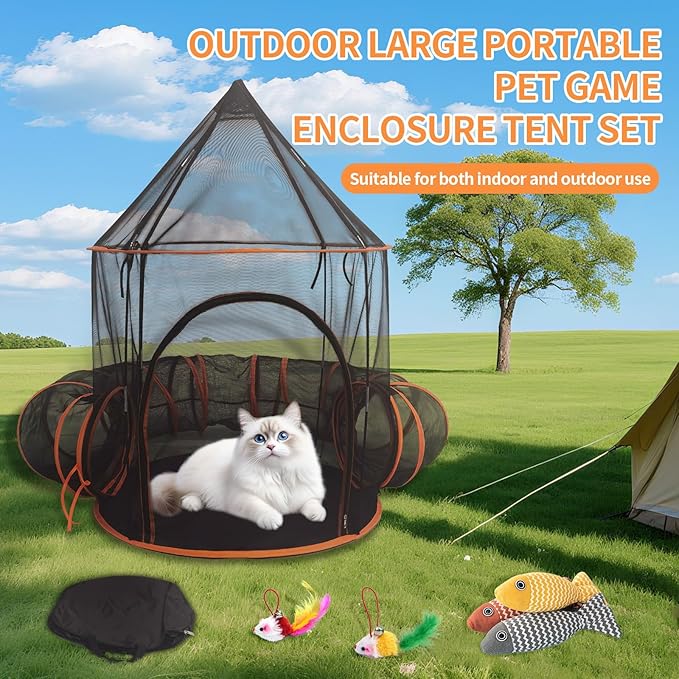 Outdoor Cat Enclosure with Tunnel - Large Portable Pet Playpen Tent for Indoor/Outdoor, Catio Playhouse for Cats, Kittens, Rabbits & Small Animals