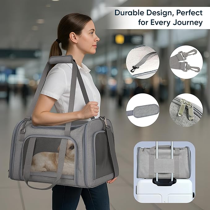 Pet Travel Carrier Bag – Airline Approved Soft-Sided Dog & Cat Carrier, Foldable, Breathable Mesh, Washable Pad – Fits Pets up to 15 lbs – The Pup Quartet (Grey)