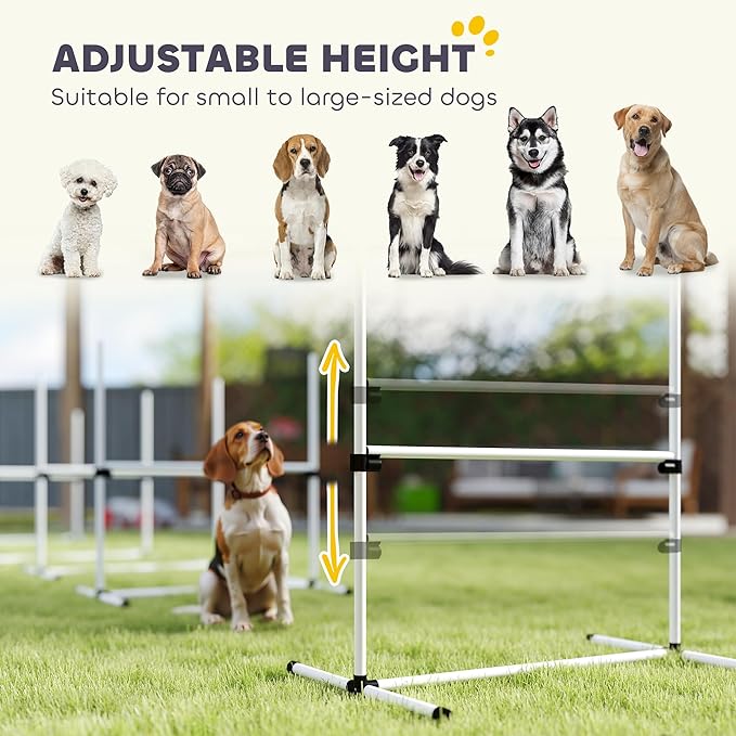 PawHut 4 Piece Dog Agility Training Equipment for Dog Agility Course with Adjustable Height Jump Bars, Included Carry Bag, & Displacing Top Bar, White