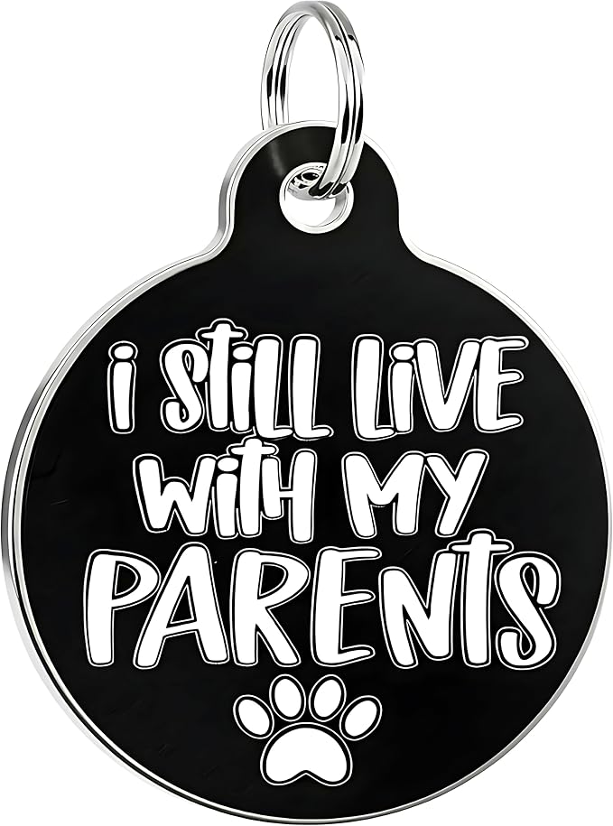 Bad Tags Personalized Dog and Cat ID Tags in 25+ Designs and 2 Sizes - 5 Lines of Custom Engraved Text - Funny Cute Personalized Pet Tags (I Still Live with My Parents, Small (1 inch))