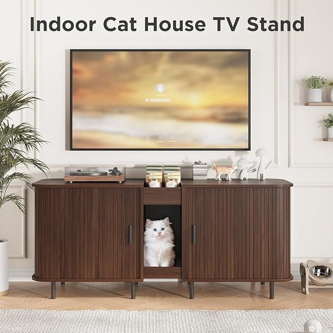 Double Litter Box Enclosure for 2 Cats, 55" Litter Box Furniture Hidden with Cat Scratch Pad, Large Indoor Cat House with Double Room, Wooden Litter Box Cabinet, TV Stand, Walnut