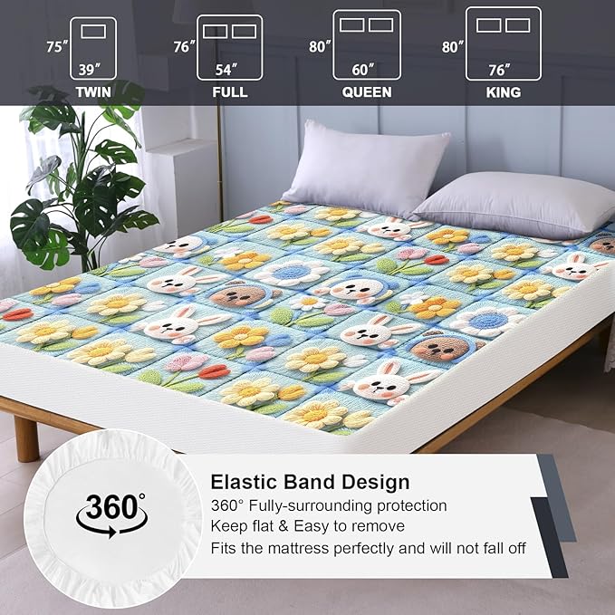 Waterproof Mattress Protector Full, Fitted Sheet Style Breathable Mattress Cover with Deep Pocket Fits Up to 18'', Noiseless Bed Cover for Kids Adults Pets, Machine Washable (Squares, Full)