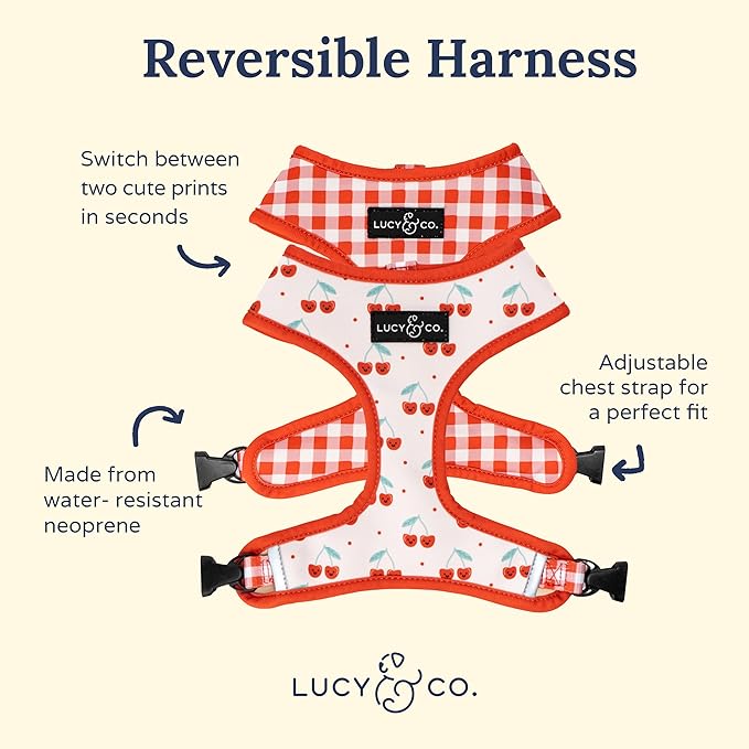 Lucy & Co. Cheery Cherries, Cute Reversible Dog Harness Walking Halter - Best Designer Pet Harnesses for XS - XL Dogs - Padded Adjustable Vest for Easy Walking (X-Small)