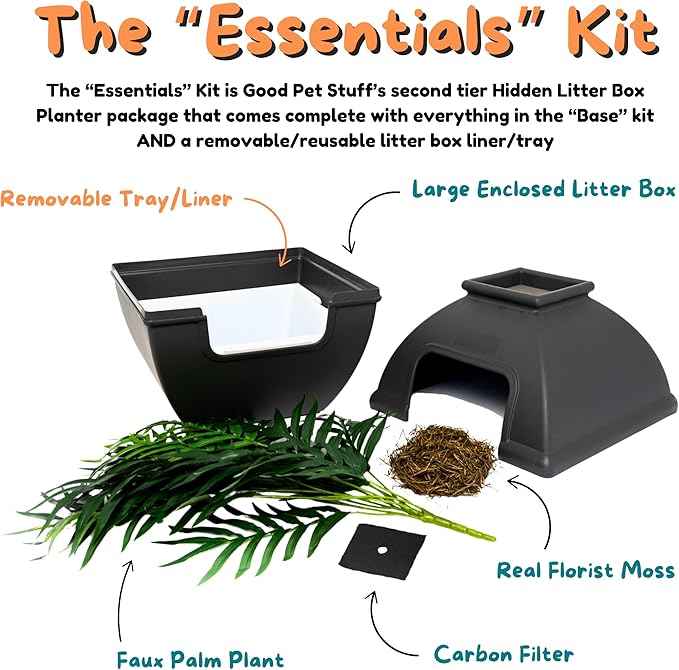Good Pet Stuff Hidden Litter Box Planter, Decorative Cat Litter Enclosure with Carbon Filter, Artificial Plant, Easy Clean, Indoor Design, Courtyard Square Style, Essentials Kit, Black Suede