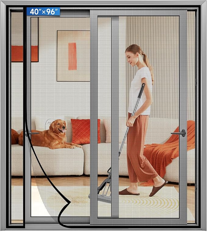 Magnetic Screen Door Left Right Side Opening Upgraded PET Mesh Greater Than Fiberglass and Polyester,Keep Bugs Out,Pet & Kid Friendly,Suitable for Sliding Doors,Patio French Doors-40" X 96"