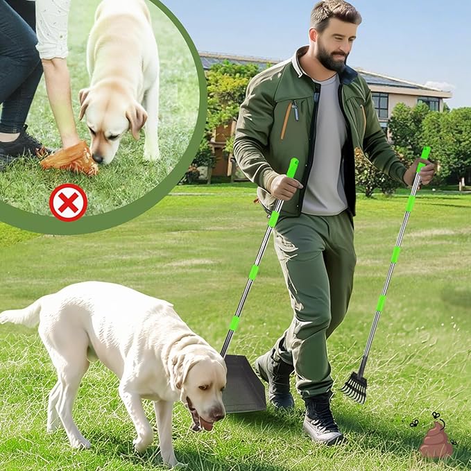 T2Y 48.8" Extra Long Handle Dog Pooper Scooper for Large Dogs, Heavy Duty Metal Poop Scooper for Yard, Stainless Steel Dog Poop Rake and Tray Set, Rust-Proof Pet Waste Removal for Grass/Gravel/Dirt